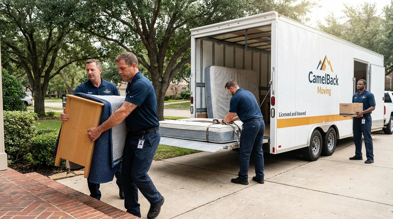 Crew loading residential truck for cross-state move from Cambridge City, IN