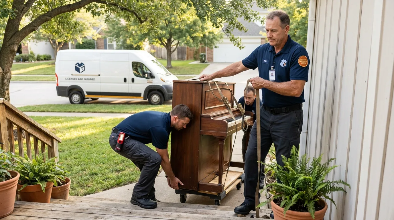 Licensed piano movers securing grand piano in Cambridge City, IN