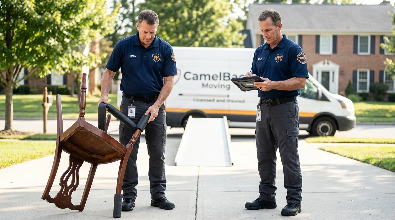 Movers inspecting furniture for damage prevention before loading in Cambridge City, IN