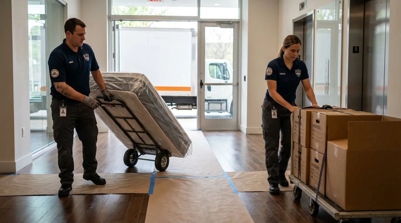 Professional apartment movers loading elevator in Cambridge City, IN