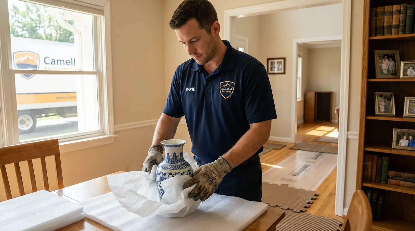 Professional crew carefully wrapping antique vase for senior downsizing move in Cambridge City, IN
