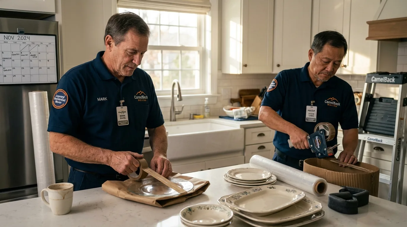 Professional crew packing kitchen dishware in Cambridge City, IN